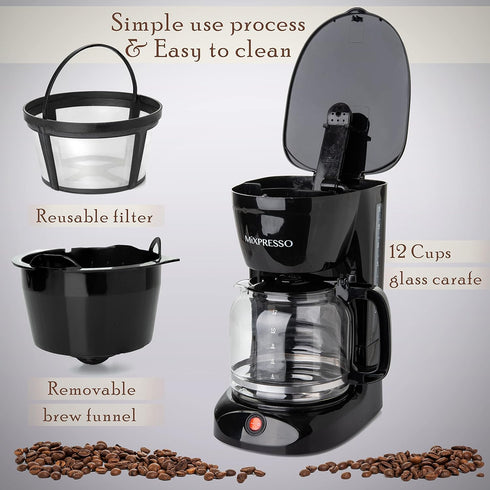Mixpresso 12 Cup Coffee Pot, Auto-Off & Reusable Filter, Large Drip Coffee Maker with Borosilicate Glass Carafe