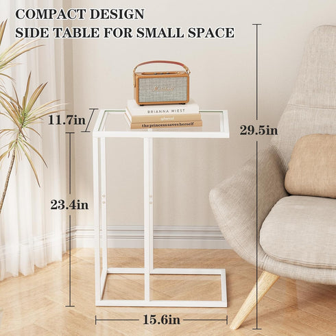 Easy Paws Small C Shaped Table for Sofa,Glass Couch Sofa Tray Snack Table for Living Room, Bedroom,TV Tray Table