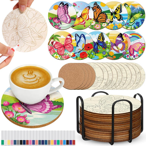 Reallnaive 45 Pcs Butterfly Wooden Coasters Painting Kit, 4 Inch Paint Your Own