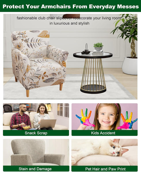 1 Sofa,02 CRFATOP Stretch Piece Chair Covers with Arms Printed Accent Chair Cover Armchair Flower Soft Banquet Armchair