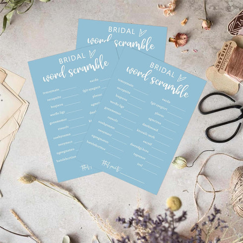 Blue Theme Bridal Shower Games for 25 Guests - Bridal Word Scramble with Answer Card for Reception Supplies
