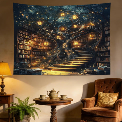 60L 80W Inches HVEST Fantasy Library Bookshelf Tapestry for Classroom Fairytale Tree Magic Bookshelf Wall Decor Retro