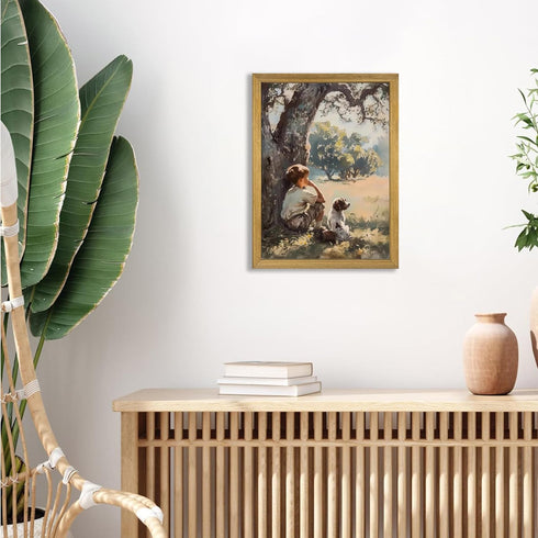 Yaneiro Countryside 12x16 inch Wood Framed Canvas Wall Art, Vintage Boy and Dog Painting Poster, Pastoral Landscape