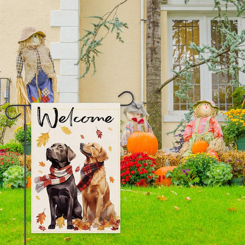 Welcome Fall Dog Garden Flag, 12x18 Inch Double Sided for Outside Thanksgiving, Small Flag for Labrador Golden Retriever
