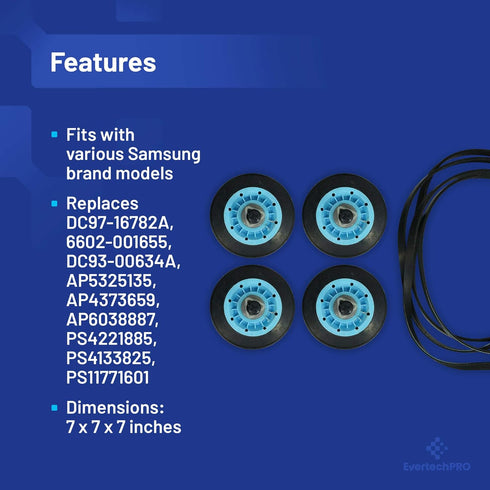 DC97-16782A-5PCKIT All-in-one Repair Maintenance Kit for Samsung Dryer Includes Drum Roller and Belt Replacement