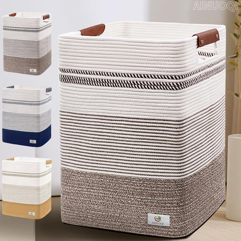 Tall Woven Rope Laundry Hamper - Clothes Basket with Leather Handles, 17.8" X 13.8" X 22", Blanket Storage Basket in