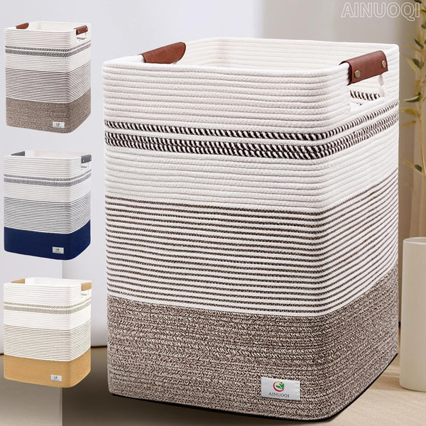 Tall Woven Rope Laundry Hamper - Clothes Basket with Leather Handles, 17.8" X 13.8" X 22", Blanket Storage Basket in