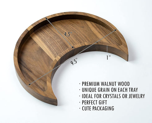 Room Decor Jewelry Organizer - Walnut Wood Tray with Spiritual Accents, Boho Gothic Style, Trinket Dish, Moon Shaped
