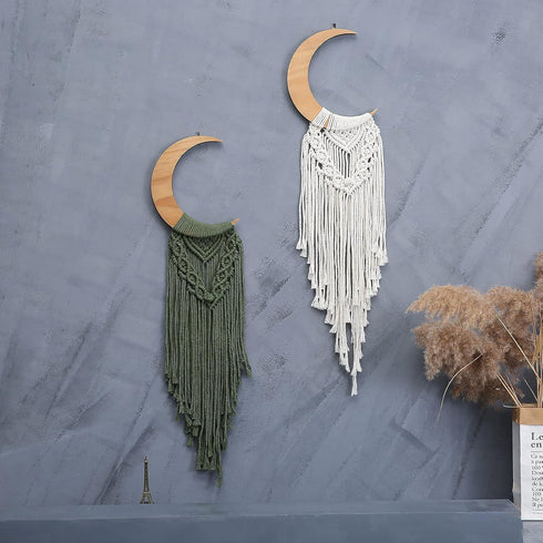 ANROYE Macrame Wall Hanging Boho Moon Decor, Bohemian Crescent Wooden Ornament with Long Tassel, Handmade Unique Wood