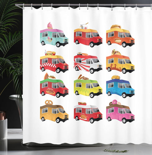 Ambesonne Truck Shower Curtain, Colorful Food Truck Illustration, Cloth Fabric Bathroom Decor Set with Hooks, 69" W x