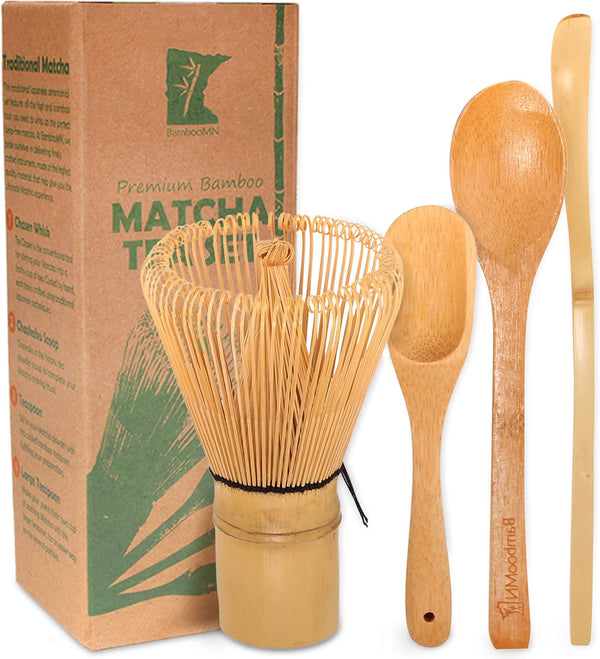 BambooMN Matcha Whisk Set - Golden Chasen (Tea Whisk), Chashaku (Bamboo Scoop), Deep Scoop, Tea Spoon - 2 Sets