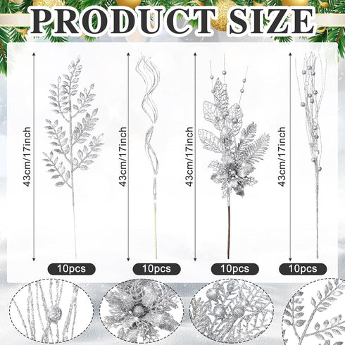 Thiccywoov 40 Pack 17.5'' Poinsettia Sliver Christmas Picks and Sprays for Tree Artificial Glitter Berry Stem Pick