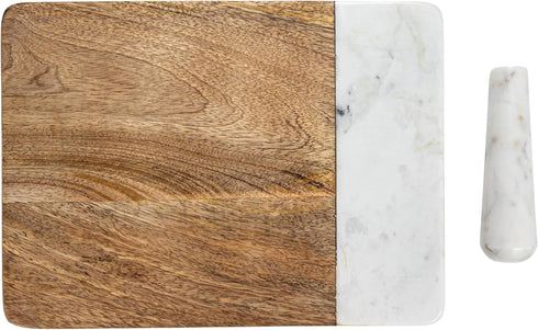 Creative Co-Op Mango Wood and Marble Cheese and Cutting Board with Inlaid Marble Pestle
