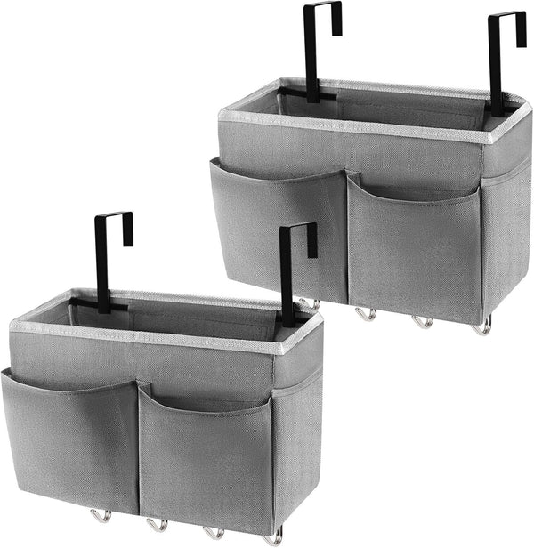 Bedside Storage Organizer, 5 Pockets with 4 Hooks Hanging Storage Bag for Headboards/Bunk Bed, 2 Pack, Grey