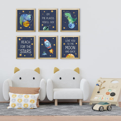 6 Pack 8x10 Inch ArtbyHannah Framed Dinosaur Wall Art, Nursery Wall Decor for Kids Boys Room, Dinosaur and Space