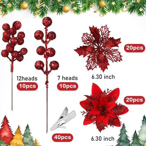 60 6 Poinsettia Pcs Silver Styles Christmas Artificial Flowers with Glitter Berries Stems Tree Picks for Christmas Tree