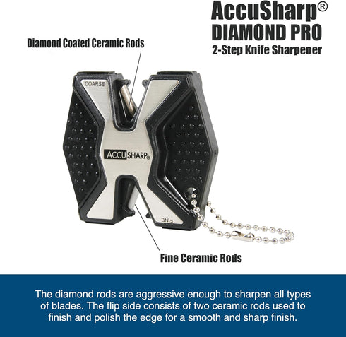 AccuSharp Diamond Pro 2-Step Knife Sharpener, Restores & Sharpens Blades, Compact & Portable Keychain Tool, Black