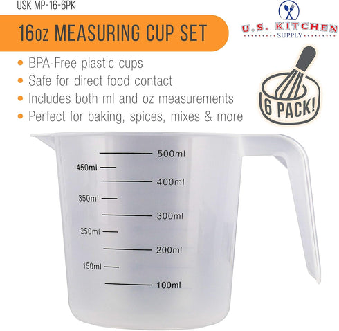 U.S. Kitchen Supply Plastic Measuring Cups with Handles 16 oz (500 ml) Set of 6 Clear Microwave Safe Kitchen Cups