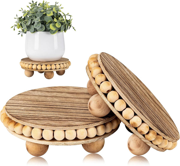 HouseJoy 2Pcs Wood Risers for Display Decorative,Round Beaded Riser Distressed for Decor ,Wooden