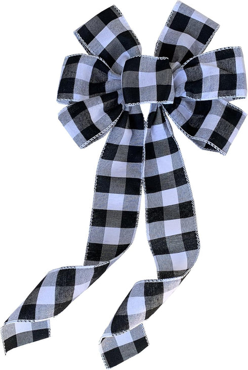 Buffalo Plaid Christmas Wreath Bow - Pre-Tied 10" Wide, 18" Long, Black and White Checkers, Fall Door Decoration