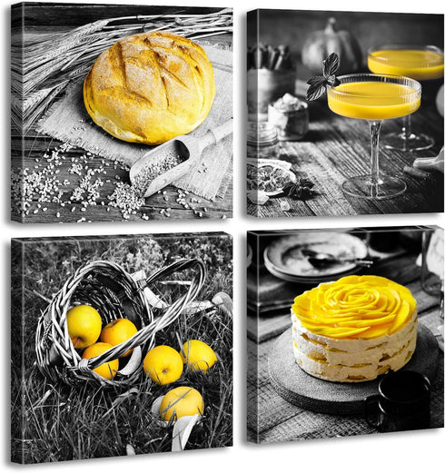DJSYLIFE Kitchen Wall Decor, Black and White Yellow Canvas Print for Cafe Dining Room Decoration