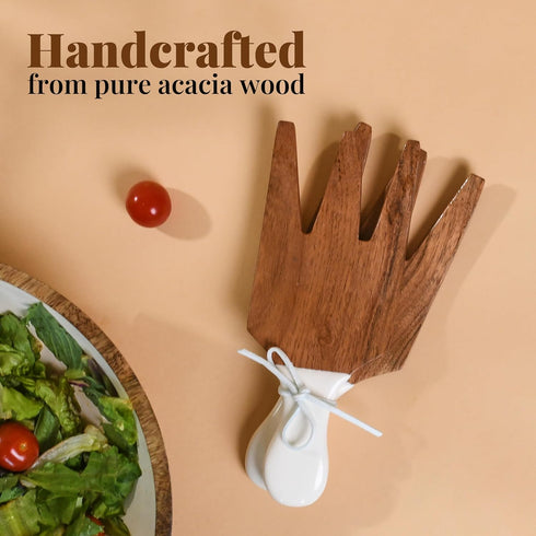 Folkulture Salad Hands, Set of 2 Acacia Wood Salad Servers, Salad Tongs for Serving Salad Mixes, Pasta, Fruit (3.25 X