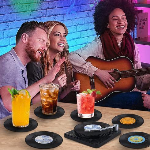 Funny Retro Record Coasters for Drinks, Set of 6 Vinyl Player Holder for Music Lovers, Conversation Piece Drink Coasters