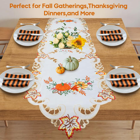 Jovialix 90 Inches Thanksgiving Fall Table Runner Long - Ivory Cutwork Lace with Embroidered Pumpkins & Maple Leaves