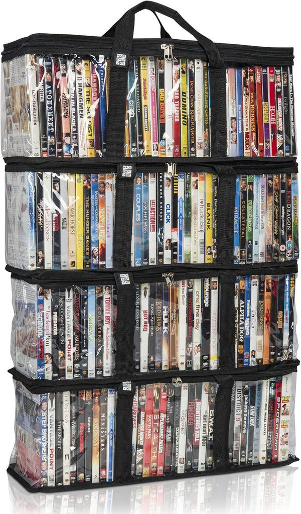 Made Easy Kit DVD Storage Bag - Clear PVC Organizer, Fits 40 DVD Cases, Black (4 Bags)