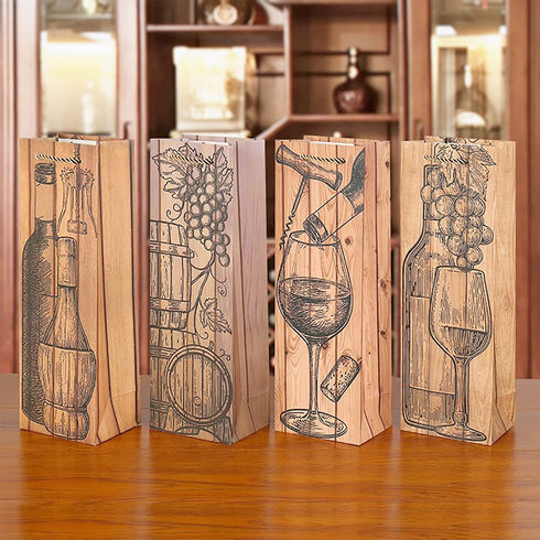 Wine Gift Bags for Wine Bottles, 12 Pack Paper Set with Wood Grain, Bulk for Holiday, Wedding, Birthday