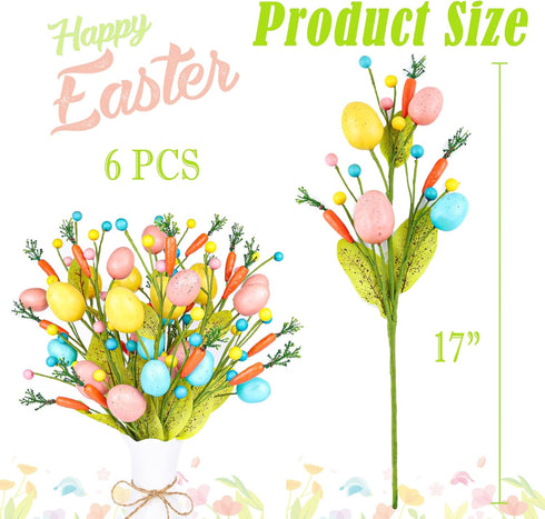 6 Easter Decorations, pcs Easter Stems with Eggs Carrots and Berries, Artificial Flower Arrangement for Spring Decor