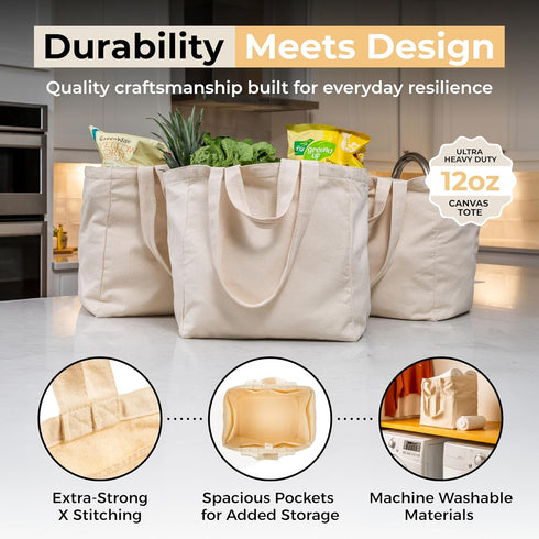 3pc Set VeraMia Canvas Grocery Bag XL with Real Pockets, Long Shoulder Strap and Short Handle. Heavy Duty, Foldable