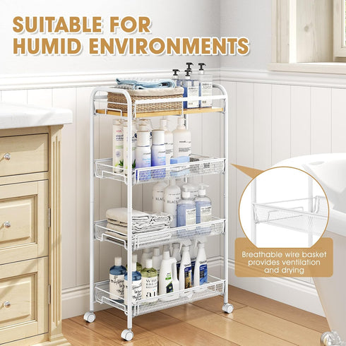 4-Tier TOOLF Rolling Cart, Metal Utility Cart, Slide Out Storage Cart with Wooden Tabletop and Mesh Baskets, Easy
