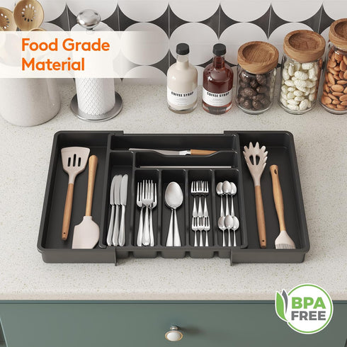 Lifewit Expandable Silverware Drawer Organizer, Adjustable Utensil Tray for Kitchen Drawers, Large Black Storage