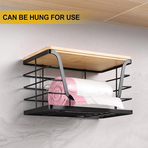 2 Pack Countertop ALOCEO Storage Stackable Kitchen Laundry Organizers with Bamboo Top, Large Trash Bag Holder and Small