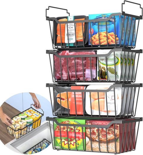 Goovilla Freezer Organizer Bins with Foldable Handle, 4 Pack Stackable Freezer Baskets