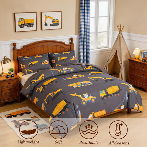Set Set 3 Set Set 2 ZRNBAST Construction Kids Bedding for Boys Full Size Trucks Dark Grey Comforter Teens Pieces
