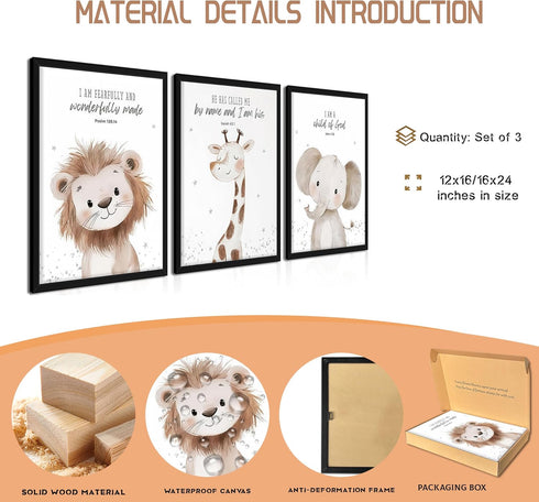 Set 3, 12x16 Inch Framed Nursery Wall Art of Kids Bible Verse Animal Canvas Wall Decor Paintings, Cute Safari Christian