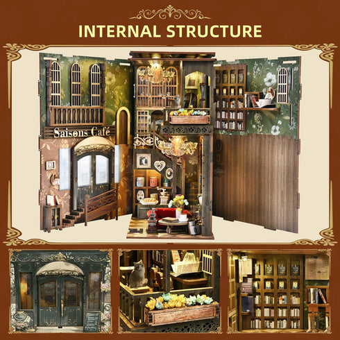 3D CCCDF Book Nook Kits for Adults and Teens, DIY Miniature Dollhouse Kit Wooden Puzzle Booknook Bookend with LED