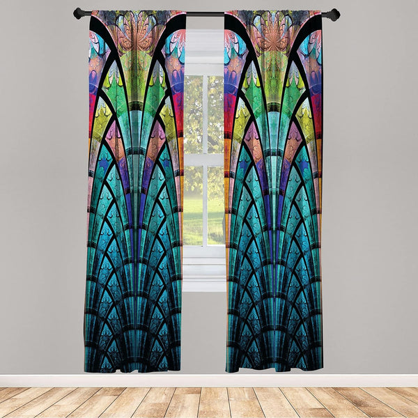 Ambesonne Abstract Window Curtains - Curves Pattern with Weathered Colors and Blue Ombre Detail, 2-Panel Set 28" x 84"