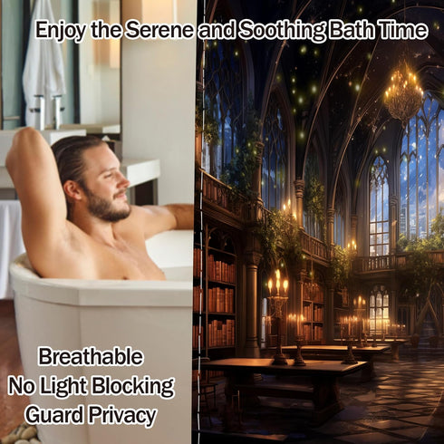 60" 72" Library Shower Curtain Bookshelf School Medieval Magic Book Bathroom Decor, Waterproof Fabric with Hooks W X L
