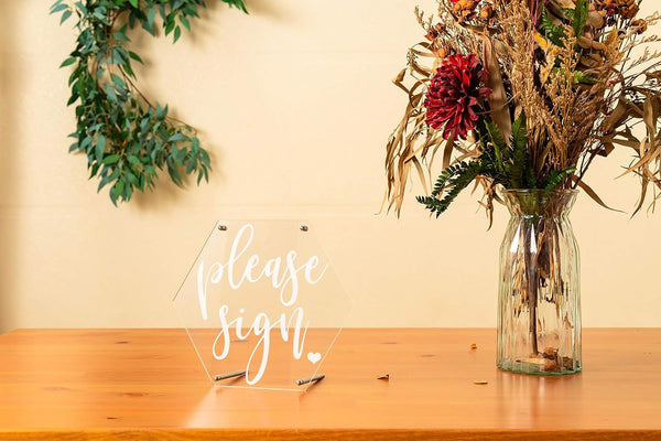 Calculs Wedding Sign Guest Book Table Sign - ‘Please Sign’ Acrylic Rustic Wedding Display 9.3” x 8”