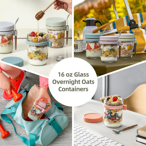 6 Pack 16 oz Overnight Oats Containers with Lids and Spoons, Glass Mason Overnight Oats Jars, Large Capacity Airtight