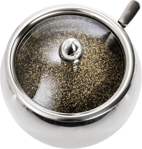 Hedume 3 Grids 304 Stainless Steel Seasoning Containers Set with Lid Spoon and Tray for Serving Sugar, Pepper, Spice