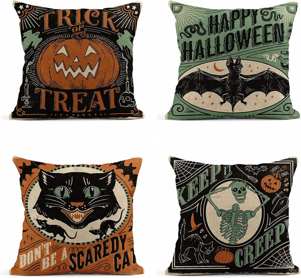 Set of 4 Linen Throw Pillow Covers 18x18 Inch, Vintage Halloween Scaredy Cats Pumpkins Skeletons