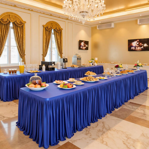 156inch 8ft(Cover 13ft Royal Blue Polyester Table Skirts for Rectangle Tables Front&Both Sides), Wrinkle Free Pleats