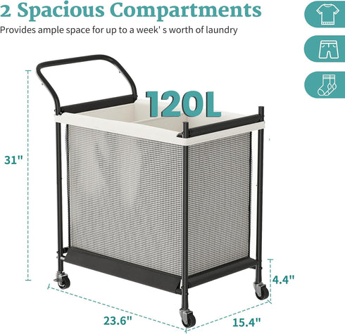 2 120L, Laundry Hamper with Wheels - Section Laundry Basket Removable Washable Bags, Height-Fitted Rolling Laundry Cart