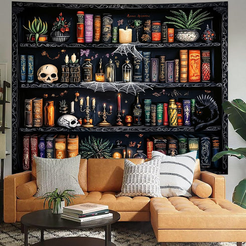 Algasan 78.7 59.1 Inches Magic Bookshelf Tapestry Magical Book Tapestry Gothic Witchy Vintage Library Skull Potion