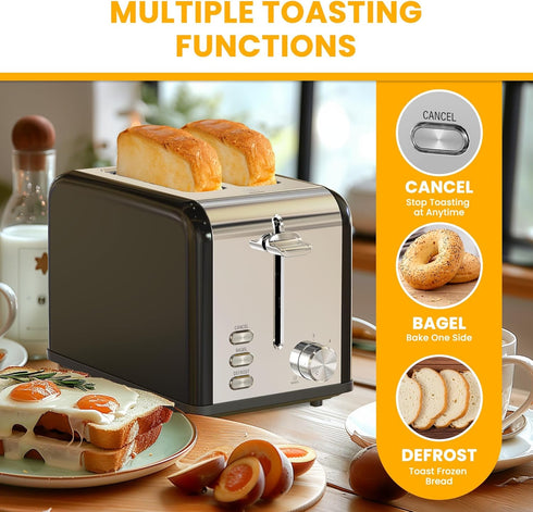 Simple Deluxe 2-Slice Toaster - Stainless Steel Toaster with 6 Browning Settings and Extra Wide Slot