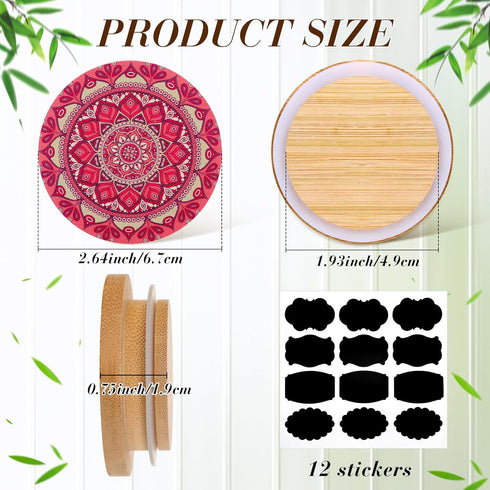 12 12 Jars(2.64 Inches) Uiifan Pcs Yogurt Jar Lids Reusable Bamboo Wooden Mandala Pattern Lids Compatible with Oui